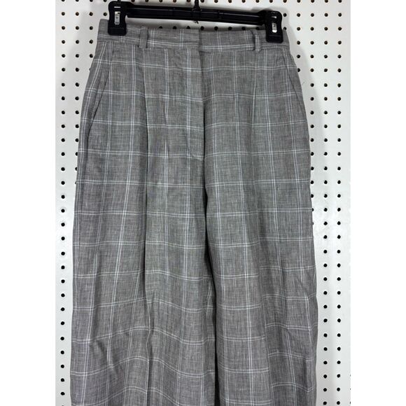 Sandro Paris Hoviv Wide Leg Linen blend Pants Woman’s Gray Plaid size 36 US 8 - Picture 3 of 10